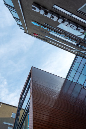 Malmo. Sweden. July 29, 2019. Beautiful modern glass and brick building. Bottom view Architectureのeditorial素材