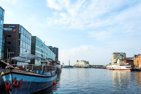 Malmo, Sweden. July 29, 2019, Beautiful ship- cafe, on the canal, surrounded by beautiful architecture. Malm Sweden landmarksのeditorial素材