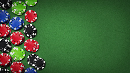 Poker chips on the green table. Top View.Copy space. Gambling concept. background.の写真素材