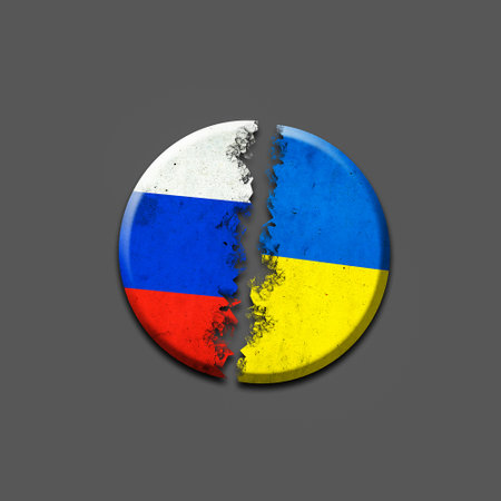 Cracked flags of Russia and Ukraine, round badge. Isolated on a gray background.3D illustration. international political relations. conflict. political economic background. politics.の写真素材