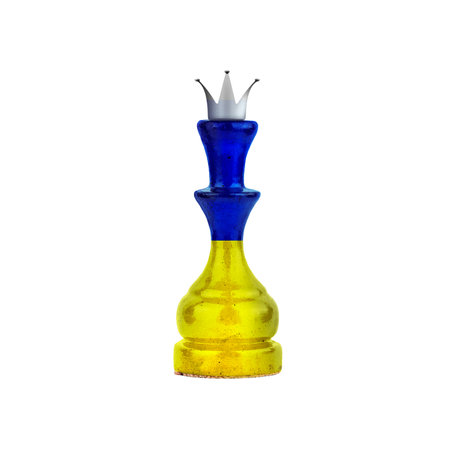 Chess Queen in the colors of the Flag of Ukraine. isolated on white background. sport. politics. design object.の写真素材
