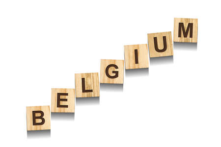 Belgium, word on wooden blocks. isolated on a white background. Signs and Symbols.の写真素材