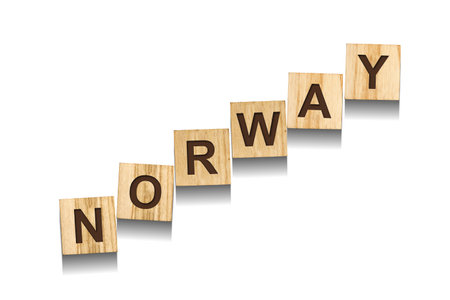 Norway, word on wooden blocks. isolated on a white background. Signs and Symbols.の写真素材
