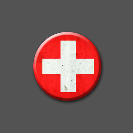 Switzerland flag. round badge. Isolated on a gray background. 3D illustration. Signs and Symbols. flags.の写真素材