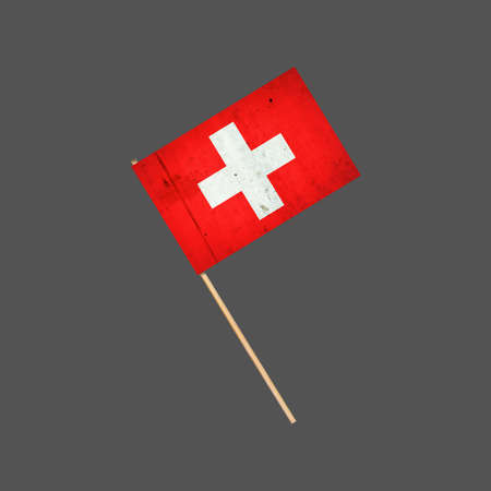 Switzerland grunge flag on a stick. Isolated on a gray background. design element. Signs and Symbols. flags.の写真素材