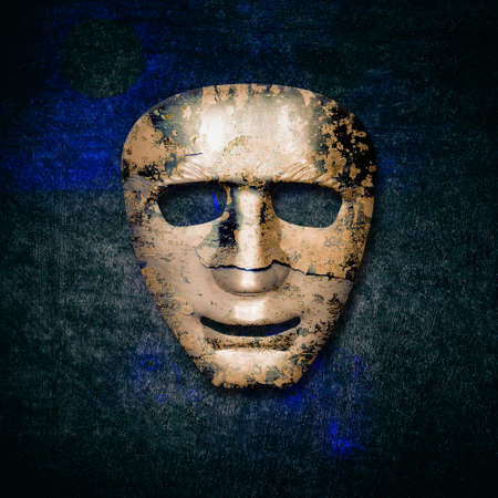 Old cracked theatrical mask on a grunge background. 3D illustration. emotions. Theatre.の写真素材