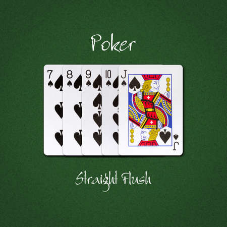Straight flush of spades on a dark green poker background. Poker combinations.Poker Hands. Gambling background.の写真素材
