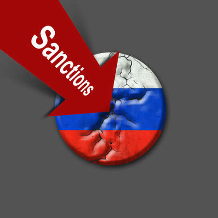 sanctions. Russia. Red arrow and cracked badge with the flag of Russia. Isolated on a gray background.3D illustration. Russian aggression. politics. economy. economic crisis. The collapse of the economy.の写真素材