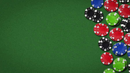 Poker chips on the green table. Top View.Copy space. Gambling concept. background.の写真素材