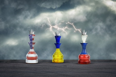 Chess Queens in the colors of the Flag of Russia and Ukraine. cloudy sky. Lightning. conflict. politics. economy. background.の写真素材