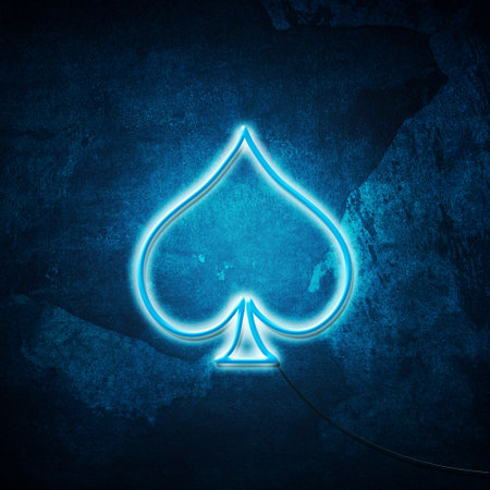 Spades, neon icon, suit on grunge blue background. Poker. Blackjack. Gambling backgroundの写真素材