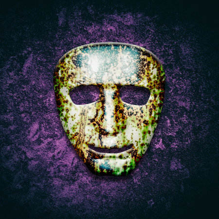 Old cracked theatrical mask on a grunge background. 3D illustration. emotions. Theatre.の写真素材