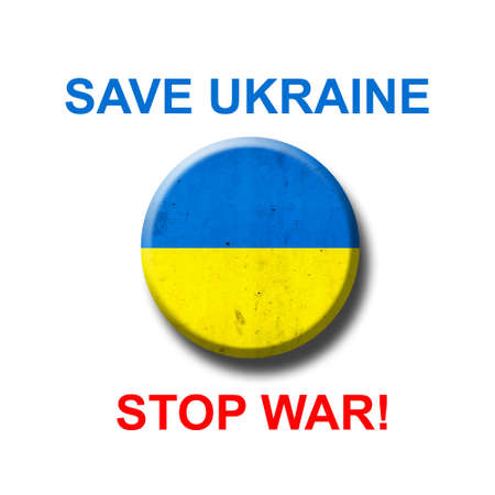Save Ukraine. Round icon, flag of Ukraine. isolated on white background. 3D illustration. stop the war.の写真素材