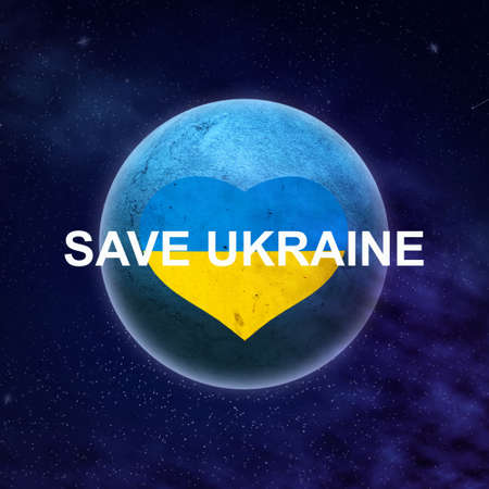 Save Ukraine. Flag of Ukraine in the form of a heart on the background of the planet. 3D illustration. World Support.の写真素材