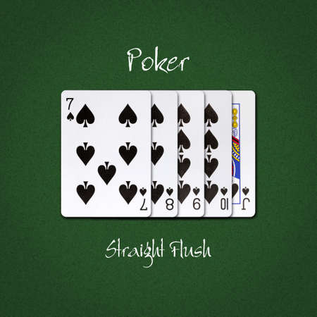 Straight flush of spades on a dark green poker background. Poker combinations.Poker Hands. Gambling background.の写真素材