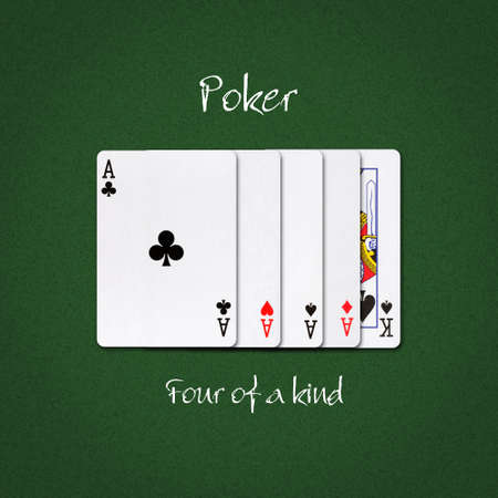 Four of Kind on a dark green poker background. Poker combinations.Poker Hands. Gambling background.