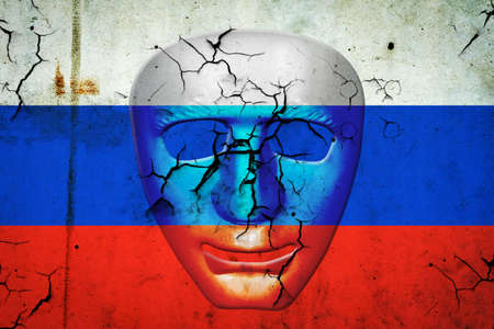 Cracked theatrical mask of the Russian flag. Theatrical mask in the colors of the Russian flag. 3D illustration. politics. The collapse of the empire.の写真素材
