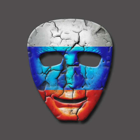 Cracked theatrical mask of the Russian flag. Isolated on a gray background. Theatrical mask in the colors of the Russian flag. 3D illustration. politics. The collapse of the empire.の写真素材