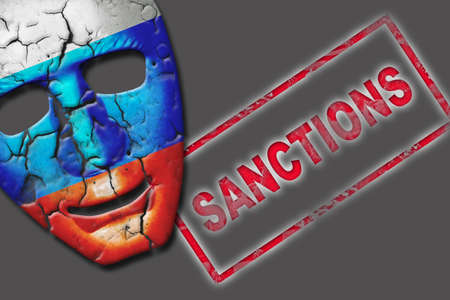 sanctions. Cracked theatrical mask of the Russian flag. On a gray background. Theatrical mask in the colors of the Russian flag. 3D illustration. politics. crisis. destruction. business. economy.の写真素材