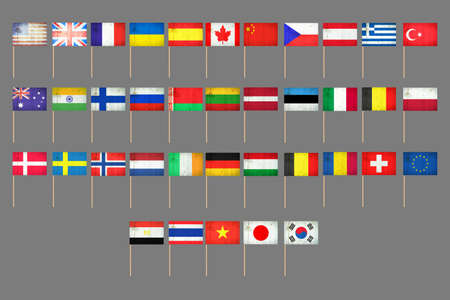 Set of grunge flags on a stick. Isolated on a gray background. design element. Signs and symbols. flags.の写真素材