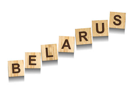 Belarus, word on wooden blocks. isolated on a white background. Signs and Symbols.の写真素材