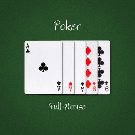 Full house on a dark green poker background. Poker combinations.Poker Hands. Gambling background.の写真素材