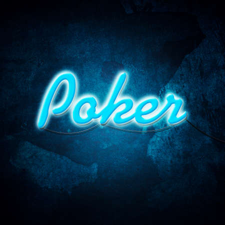 Poker, blue neon inscription on a dark blue background. poker. Gambling. background.の写真素材