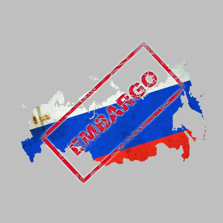 Embargo. Red stamp, on the background of the map of Russia. Isolated on a gray background. business. politics. Economyの写真素材