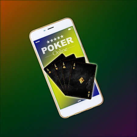 Smartphone and Grunge Playing Cards on a green background. Online poker concept. Gambling.3D illustration. background.の写真素材