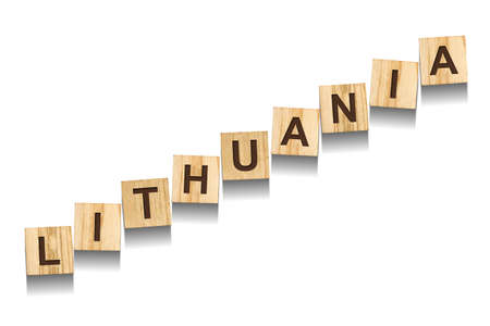 Lithuania, word on wooden blocks. isolated on a white background. Signs and Symbols.の写真素材