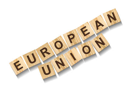 European Union, word on wooden blocks. isolated on a white background. Signs and Symbols.の写真素材