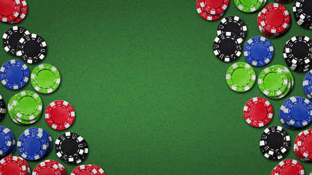 Poker chips on the green table. Top View.Copy space. Gambling concept. background.の写真素材