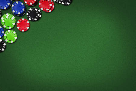Poker chips on the green table. Top View.Copy space. Gambling concept. background.の写真素材