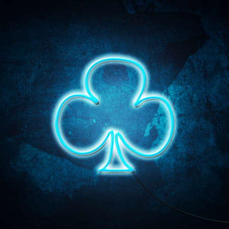 Clubs, neon icon, suit on grunge blue background. poker. Black Jack Gambling Backgroundの写真素材