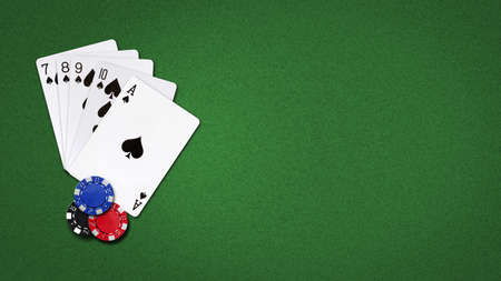 Playing cards and poker chips, on a green background. Flush, combination. copyspace. playing cards. Gambling. background.の写真素材