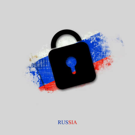 lock icon. On the background of the grunge flag of Russia. sanctions. insulation. Isolated on a gray background. business. politics. Economyの写真素材