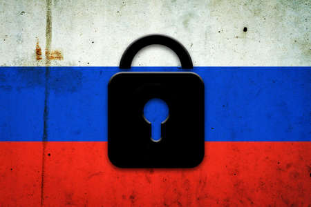 lock icon. On the background of the flag of Russia. sanctions. insulation. Isolated on a gray background. business. politics. Economyの写真素材