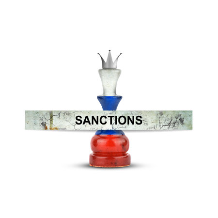 Chess Queen in the colors of the Russian Flag. Crossed out with a cracked ribbon with the word Sanctions. isolated on white background. Politics.Economy.の写真素材