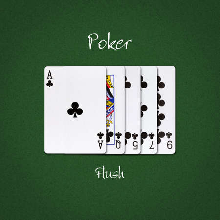 Flush on a dark green poker background. Poker combinations.Poker Hands. Gambling backgroundの写真素材