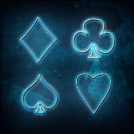 Clubs, Diamonds, Spades, Hearts, neon icons, suit on grunge blue background. Poker. BlackJack Gamblingの写真素材