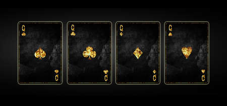 Four Queens, grunge cards in black background. Poker background.Playing cards.の写真素材