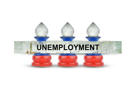 Chess pawns in the colors of the Russian Flag. Crossed out with a cracked ribbon with the word Unemployment. Isolated on white background. Politics.の写真素材