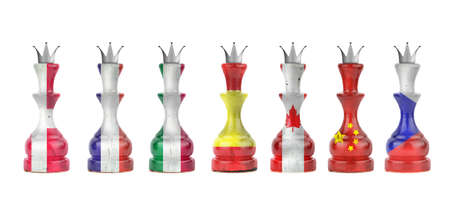 Chess queens in the colors of the flag of different countries. Isolated on a white background. Sport. Politics. Business.の写真素材