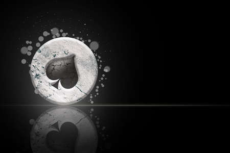 Spades, vintage, grunge, stone poker chip, on a black background. copyspace. Reflection Poker Gambling Backgroundの写真素材