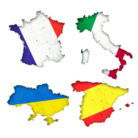 Set, Flags of France, Italy, Ukraine, and Spain in the form of a map. Shadow. isolated on white...