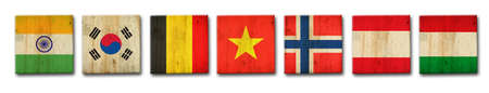 Set, India, Korea, Belgium, Vietnam, Norway, Austria, and Hungary flags on a wooden block. isolated on white background. Signs and symbols Flagsの写真素材