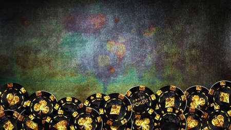 Vintage poker chips on the grunge, green table. Top View.Copy space. Gambling concept. background.の写真素材