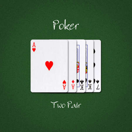 Two Pair, on a dark green poker background. Poker combinations.Poker Hands. Gambling backgroundの写真素材