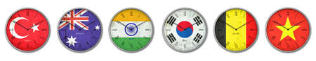 Set, Wall clock in the color of the Turkey, Australia, India, Korea, Belgium, and Vietnam flags. Signs and symbols. isolated on a white background. design element. flags.の写真素材