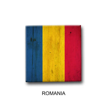 Romania flag on a wooden block. isolated on white background. Signs and symbols. flags.の写真素材